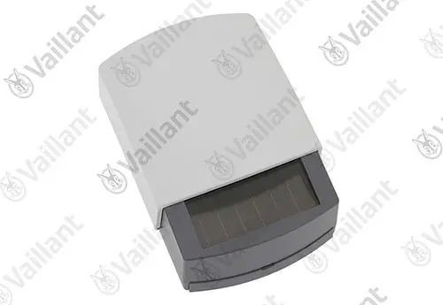 Vaillant Außenfühler mit grauem Gehäuse und Solarzelle, geeignet zur Temperaturmessung im Freien.
